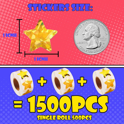 1500 PCS Holographic Gold Star Stickers for Kids Reward, Self Adhesive Sparkly Foil Star Stickers for Behavior Chart, Student Planner and School Classroom Teacher Supplies (1" Each).