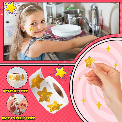 1500 PCS Holographic Gold Star Stickers for Kids Reward, Self Adhesive Sparkly Foil Star Stickers for Behavior Chart, Student Planner and School Classroom Teacher Supplies (1" Each).