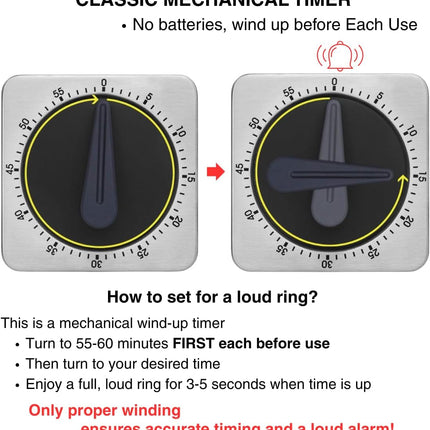 Mechanical Kitchen Timer Magnetic with Loud Alarm, 60-Minute Manual Wind Up Analog Countdown Timer with Stainless Steel Scale, No Batteries for Chef Cooking, Baking, Egg, Oven, Seniors.