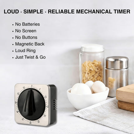 Mechanical Kitchen Timer Magnetic with Loud Alarm, 60-Minute Manual Wind Up Analog Countdown Timer with Stainless Steel Scale, No Batteries for Chef Cooking, Baking, Egg, Oven, Seniors.