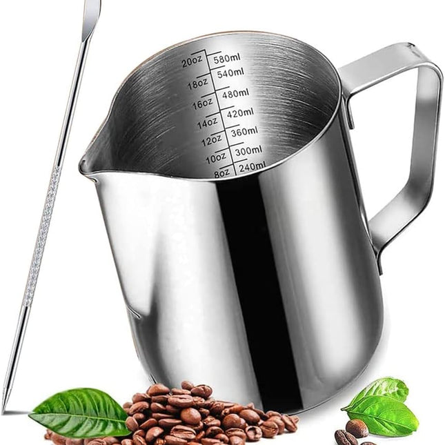 20 oz Milk Frothing Pitcher, 304 stainless steel 600ml milk can coffee frothing cup with art deco pen milk jug coffee cup used to make cappuccino latte.