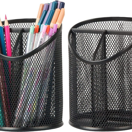 2 Pack Pen Holder Mesh Round Pencil Holder Desktop Organizer 3 Compartments, Black.