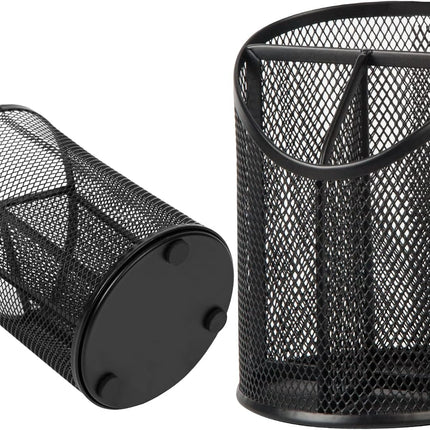 2 Pack Pen Holder Mesh Round Pencil Holder Desktop Organizer 3 Compartments, Black.