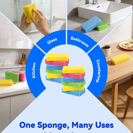 12-Count Cellulose Sponges, Non-Scratch Kitchen Sponges for Dish,Colorful Compressed Dish Scrubber Sponge for Household,Cookware,Bathroom.