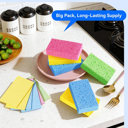 12-Count Cellulose Sponges, Non-Scratch Kitchen Sponges for Dish,Colorful Compressed Dish Scrubber Sponge for Household,Cookware,Bathroom.