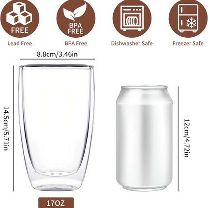 17oz Double Wall Glass Coffee Mugs, Insulated Coffee Mug, Clear Borosilicate Glass Coffee Cups for Cappuccino, Tea, Lightweight and Microwave Safe.