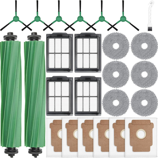 25 Pcs Replacement Parts for iRobot Roomba Plus 405 Combo/505 Combo /507 Combo Robot Vacuum Cleaner, include 2 Main Brushes, 6 Dust Bags, 6 Mop Pads, 4 Filters, 6 Side Brushes and 1 Cleaning Tool.