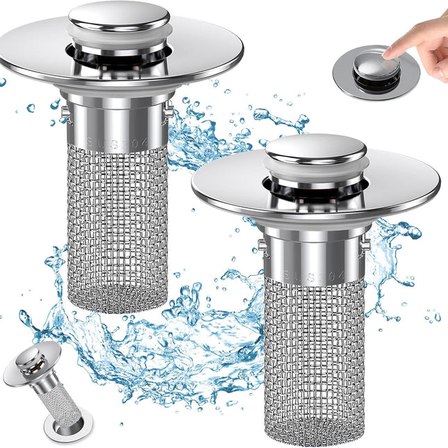 Bathroom Sink Drain Strainer, Pop Up Sink Drain Filter with Removable Stainless Steel Filter Basket Hair Catcher, Bathroom Sink Drain Stopper, for Us Bathroom Sink Stopper Replacement (2pcs).