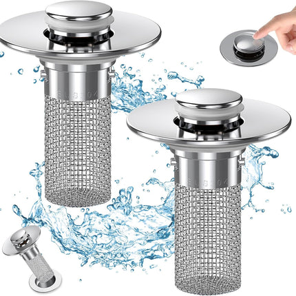Bathroom Sink Drain Strainer, Pop Up Sink Drain Filter with Removable Stainless Steel Filter Basket Hair Catcher, Bathroom Sink Drain Stopper, for Us Bathroom Sink Stopper Replacement (2pcs).