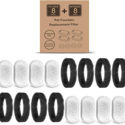 Cat Water Fountain Filters for 108/3.2L& 67oz/2L Stainless Steel Pet Water Dispenser Fountain Filter Replacement with 8 Sponges (8 Filters&8 Sponges).
