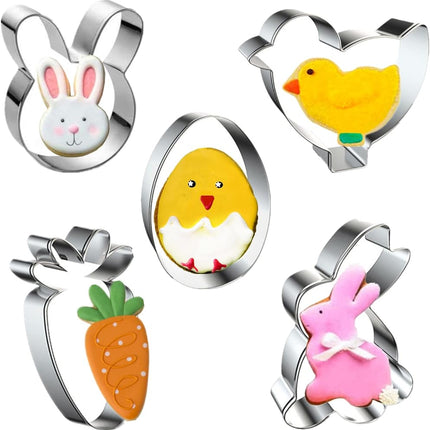 Easter Cookie Cutters, 5 Pieces Chick Carrot Egg Bunny Rabbite Shapes Metal Cookie Cutters Stainless Steel Sets Holiday Themed Baking Kit.