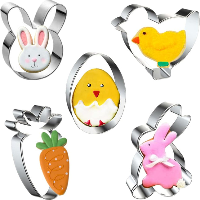 Easter Cookie Cutters, 5 Pieces Chick Carrot Egg Bunny Rabbite Shapes Metal Cookie Cutters Stainless Steel Sets Holiday Themed Baking Kit.