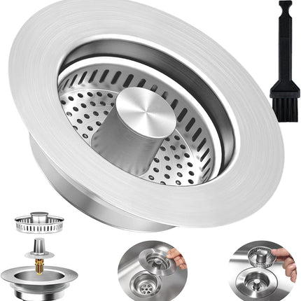 3-in-1 Kitchen Sink Drain Strainer Stopper, Upgraded Stainless Steel Sink Plug with Anti-Clog Filter Basket, Fits Standard 3-1/2 Inch Drain Hole, Pop Up Garbage Disposal Cover Food Catcher.