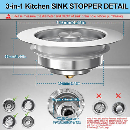 3-in-1 Kitchen Sink Drain Strainer Stopper, Upgraded Stainless Steel Sink Plug with Anti-Clog Filter Basket, Fits Standard 3-1/2 Inch Drain Hole, Pop Up Garbage Disposal Cover Food Catcher.