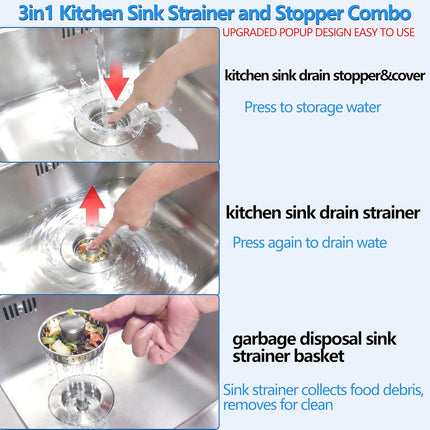3-in-1 Kitchen Sink Drain Strainer Stopper, Upgraded Stainless Steel Sink Plug with Anti-Clog Filter Basket, Fits Standard 3-1/2 Inch Drain Hole, Pop Up Garbage Disposal Cover Food Catcher.