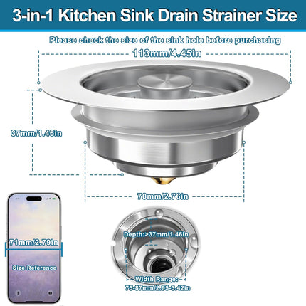 3-in-1 Kitchen Sink Drain Strainer Stopper, Upgraded Stainless Steel Sink Plug with Anti-Clog Filter Basket, Fits Standard 3-1/2 Inch Drain Hole, Pop Up Garbage Disposal Cover Food Catcher.