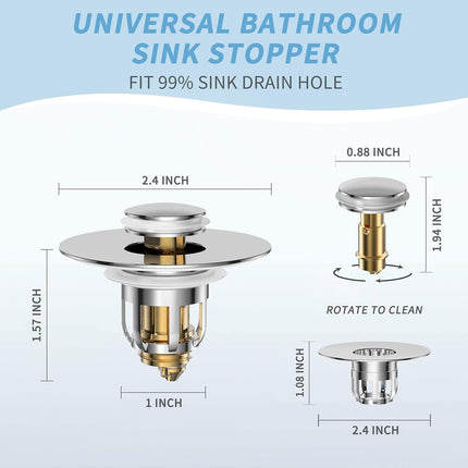 Universal 2 in 1 Bathroom Sink Stopper, Pop Up Bathroom Sink Drain Strainer with Anti-Clogging Filter Basket, Bathroom Drain Stopper Sink Plug for 1.06"-1.65" Basin Drain Holes.