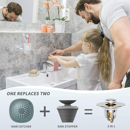 Universal 2 in 1 Bathroom Sink Stopper, Pop Up Bathroom Sink Drain Strainer with Anti-Clogging Filter Basket, Bathroom Drain Stopper Sink Plug for 1.06"-1.65" Basin Drain Holes.