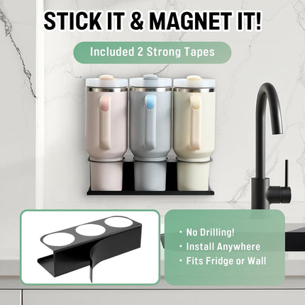 2 Pack Magnetic Stanley Cup Holder Water Bottle Organizer for Stanley 30&40 oz Tumbler with Double Sided Tape Hold Stanley Cup Accessories for Kitchen Fridge Cabinet.