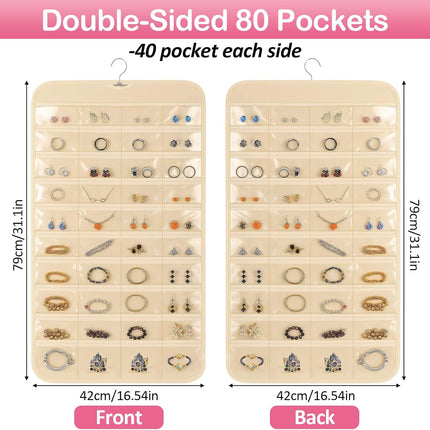 1 Pack Hanging Jewelry Organizer, 80 Clear Pockets earring organizer and storage, Accessories holder organizer for Closet, Jewelries, Necklace, Travel.