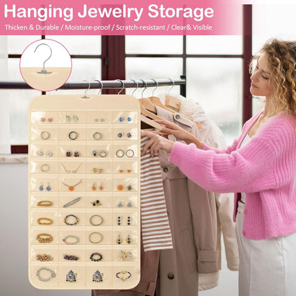 1 Pack Hanging Jewelry Organizer, 80 Clear Pockets earring organizer and storage, Accessories holder organizer for Closet, Jewelries, Necklace, Travel.