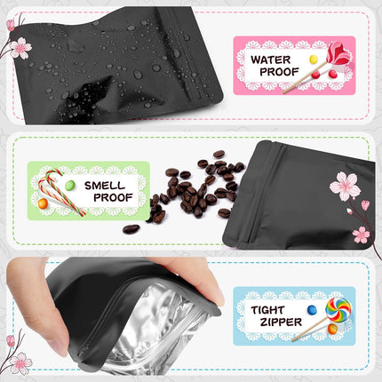 100 Pack Black Mylar Packaging Bags Resealable Bags Double Sided Color Odor Proof Pouch Baggies Smell Proof Foil Bag for Food Storage,Small Business(Black,3x4.7inch).
