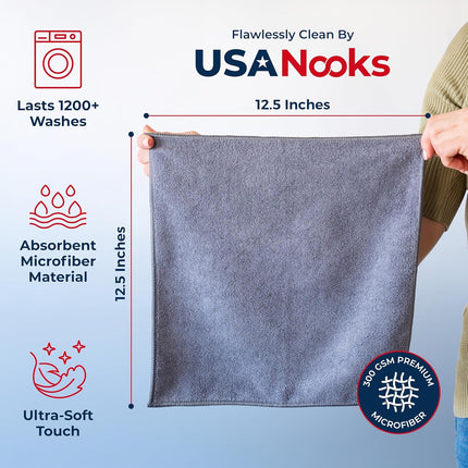 Microfiber Cleaning Cloth Grey - 12 Pcs (12.5"x12.5") - High Performance - 1200 Washes, Ultra Absorbent Microfiber Towel Weave Grime & Liquid for Streak-Free Mirror Shine - Car Washing Cloth.