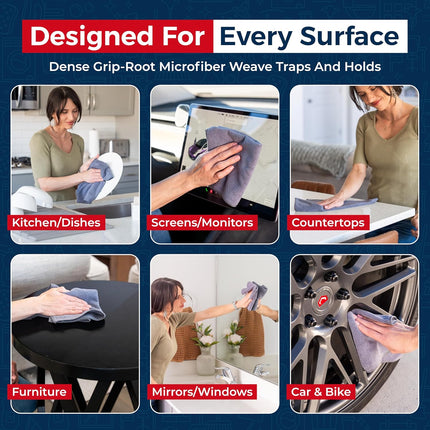 Microfiber Cleaning Cloth Grey - 12 Pcs (12.5"x12.5") - High Performance - 1200 Washes, Ultra Absorbent Microfiber Towel Weave Grime & Liquid for Streak-Free Mirror Shine - Car Washing Cloth.