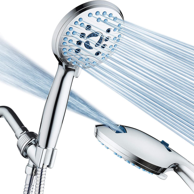 AquaCare High Pressure 8-mode Handheld Shower Head - Anti-clog Nozzles, Built-in Power Wash to Clean Tub, Tile & Pets, Extra Long 6 ft. Stainless Steel Hose, Wall & Overhead Brackets.