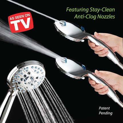 AquaCare High Pressure 8-mode Handheld Shower Head - Anti-clog Nozzles, Built-in Power Wash to Clean Tub, Tile & Pets, Extra Long 6 ft. Stainless Steel Hose, Wall & Overhead Brackets.