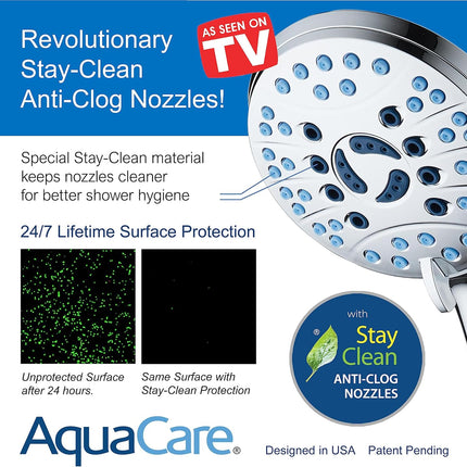 AquaCare High Pressure 8-mode Handheld Shower Head - Anti-clog Nozzles, Built-in Power Wash to Clean Tub, Tile & Pets, Extra Long 6 ft. Stainless Steel Hose, Wall & Overhead Brackets.