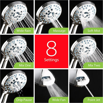 AquaCare High Pressure 8-mode Handheld Shower Head - Anti-clog Nozzles, Built-in Power Wash to Clean Tub, Tile & Pets, Extra Long 6 ft. Stainless Steel Hose, Wall & Overhead Brackets.