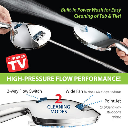 AquaCare High Pressure 8-mode Handheld Shower Head - Anti-clog Nozzles, Built-in Power Wash to Clean Tub, Tile & Pets, Extra Long 6 ft. Stainless Steel Hose, Wall & Overhead Brackets.