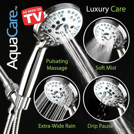 AquaCare High Pressure 8-mode Handheld Shower Head - Anti-clog Nozzles, Built-in Power Wash to Clean Tub, Tile & Pets, Extra Long 6 ft. Stainless Steel Hose, Wall & Overhead Brackets.