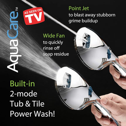 AquaCare High Pressure 8-mode Handheld Shower Head - Anti-clog Nozzles, Built-in Power Wash to Clean Tub, Tile & Pets, Extra Long 6 ft. Stainless Steel Hose, Wall & Overhead Brackets.