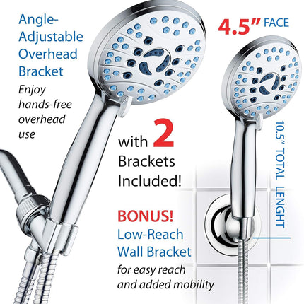 AquaCare High Pressure 8-mode Handheld Shower Head - Anti-clog Nozzles, Built-in Power Wash to Clean Tub, Tile & Pets, Extra Long 6 ft. Stainless Steel Hose, Wall & Overhead Brackets.