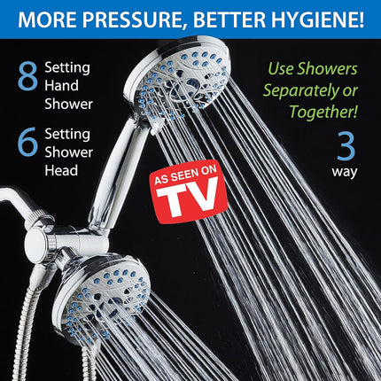 AquaCare As-Seen-On-TV High Pressure 48-setting Rain & Handheld 3-way Shower Head Combo - Anti-clog Nozzles/Tub, Tile & Pet Power Wash/Extra Long 6 ft. Hose/All Chrome Finish.
