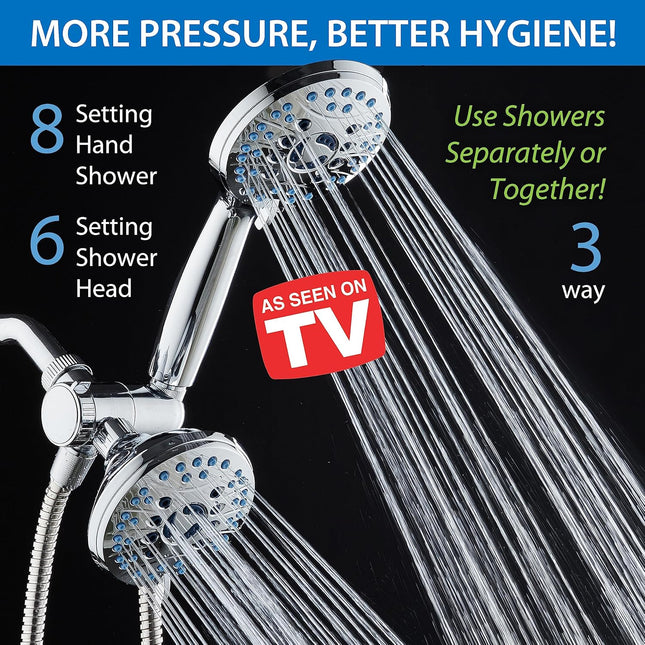 AquaCare As-Seen-On-TV High Pressure 48-setting Rain & Handheld 3-way Shower Head Combo - Anti-clog Nozzles/Tub, Tile & Pet Power Wash/Extra Long 6 ft. Hose/All Chrome Finish.