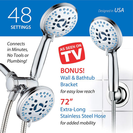 AquaCare As-Seen-On-TV High Pressure 48-setting Rain & Handheld 3-way Shower Head Combo - Anti-clog Nozzles/Tub, Tile & Pet Power Wash/Extra Long 6 ft. Hose/All Chrome Finish.