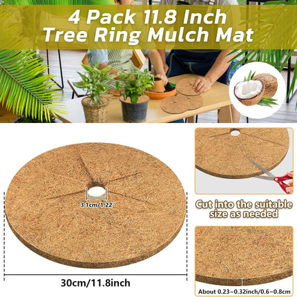 4pcs Coconut Fiber Mulch Ring Tree Plant Protector Mat, 11.8 Inch Natural Coco Coir Tree Mulch Ring Plant Pot Soil Cover, Tree Rings Disc Plant Cover for Indoor Outdoor Plants, Landscaping.