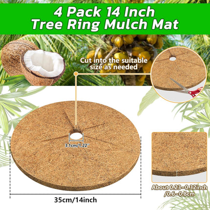 4pcs Coconut Fiber Mulch Ring Tree Plant Protector Mat, 14 Inch Natural Coco Coir Tree Mulch Ring Plant Pot Soil Cover, Tree Rings Disc Plant Cover for Indoor Outdoor Plants, Landscaping.