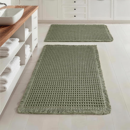 Set of 2 Waffle Bathroom Rugs, Super Absorbent Boho Bath Mats, Non-Slip Shower Mats for Bathroom Floor and Tub, Ultra Soft Waffle Weave Runner Mat, Quick Dry, Olive Green, 17x24+18x30 Inch.