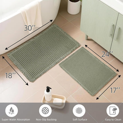 Set of 2 Waffle Bathroom Rugs, Super Absorbent Boho Bath Mats, Non-Slip Shower Mats for Bathroom Floor and Tub, Ultra Soft Waffle Weave Runner Mat, Quick Dry, Olive Green, 17x24+18x30 Inch.