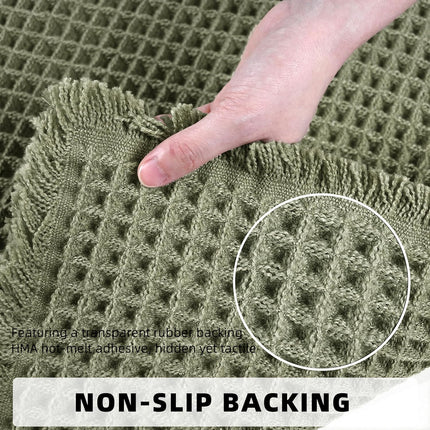Set of 2 Waffle Bathroom Rugs, Super Absorbent Boho Bath Mats, Non-Slip Shower Mats for Bathroom Floor and Tub, Ultra Soft Waffle Weave Runner Mat, Quick Dry, Olive Green, 17x24+18x30 Inch.