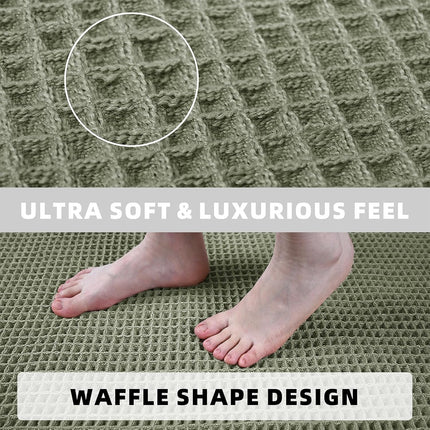 Set of 2 Waffle Bathroom Rugs, Super Absorbent Boho Bath Mats, Non-Slip Shower Mats for Bathroom Floor and Tub, Ultra Soft Waffle Weave Runner Mat, Quick Dry, Olive Green, 17x24+18x30 Inch.