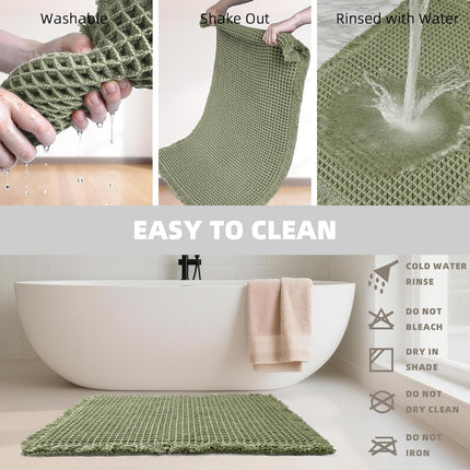 Set of 2 Waffle Bathroom Rugs, Super Absorbent Boho Bath Mats, Non-Slip Shower Mats for Bathroom Floor and Tub, Ultra Soft Waffle Weave Runner Mat, Quick Dry, Olive Green, 17x24+18x30 Inch.