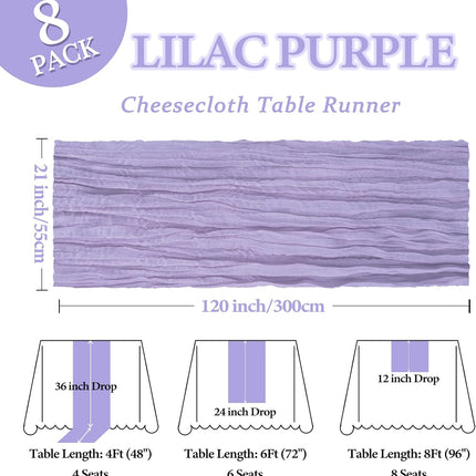 8 Pack Lilac Purple Cheesecloth Table Runner 10Ft Easter Spring Lavender Gauze Cheese Cloth Table Runner 120 Inch Boho Sheer Rustic Fabric for Holiday Decor Bridal Baby Shower Wedding Decoration.
