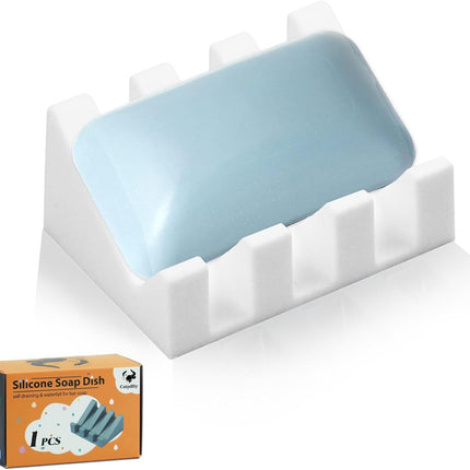 Self Draining Soap Dish Holder,Silicone Soap Dish,for Bathroom,Kitchen, Sponges，Can Extend Soap Life，Keep Soap Bars Dry and Easy Cleaning (White,1-Pack).