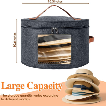 Round Hat Box, Stackable Felt Hat Boxes for Women Storage, Foldable Premium Hat Travel Case with Dustproof Lid, Space Saving Hat Organizer (Grey).