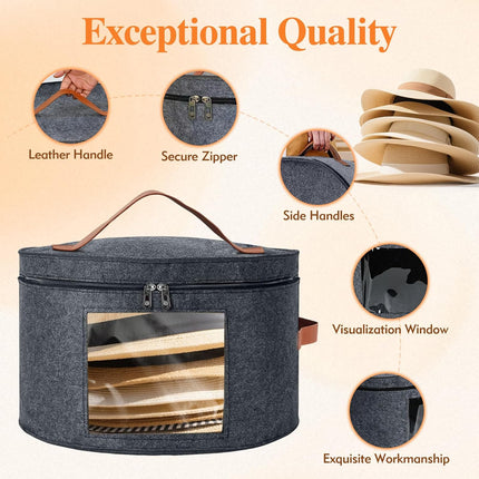 Round Hat Box, Stackable Felt Hat Boxes for Women Storage, Foldable Premium Hat Travel Case with Dustproof Lid, Space Saving Hat Organizer (Grey).